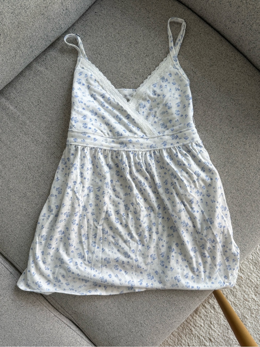 Hollister White and Blue Floral Lace-Trim Top